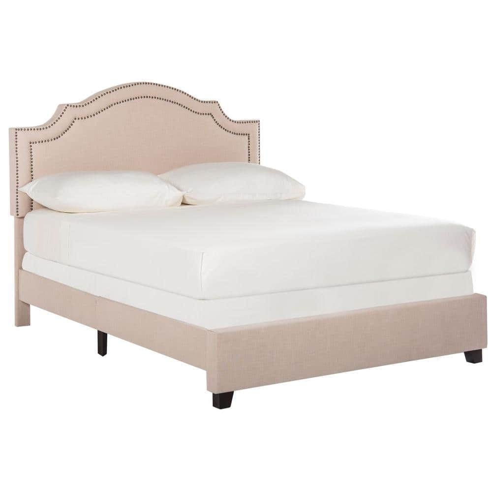 Full Beige Linen Upholstered Platform Bed with Nailhead Trim