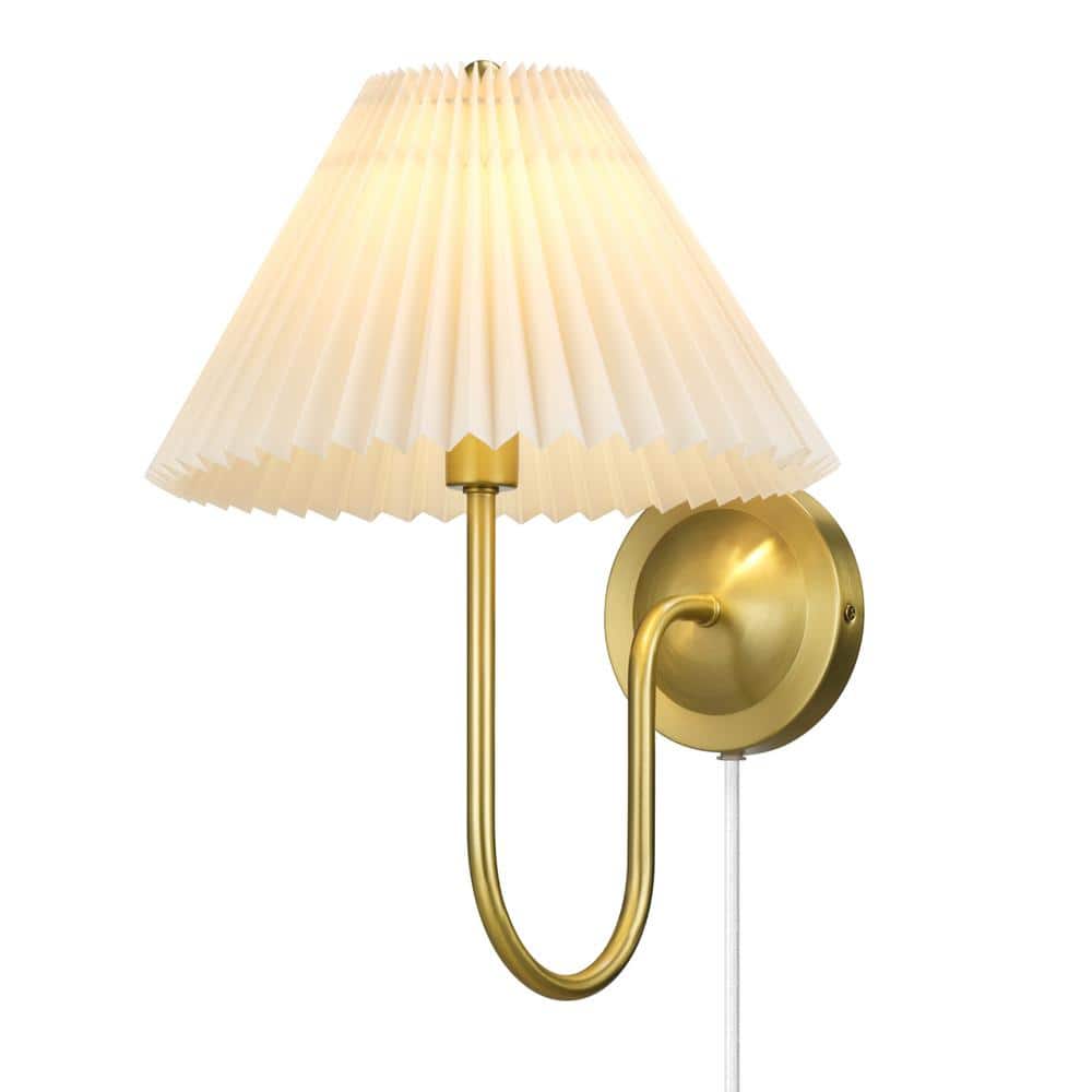 Globe Electric Delphine 11 in. 1-Light Matte Brass Plug-In or Hardwire Wall  Sconce with Pleated Fabric Shade, Living Room, Bedroom 91010473 - The Home  Depot, image size:1000x1000
