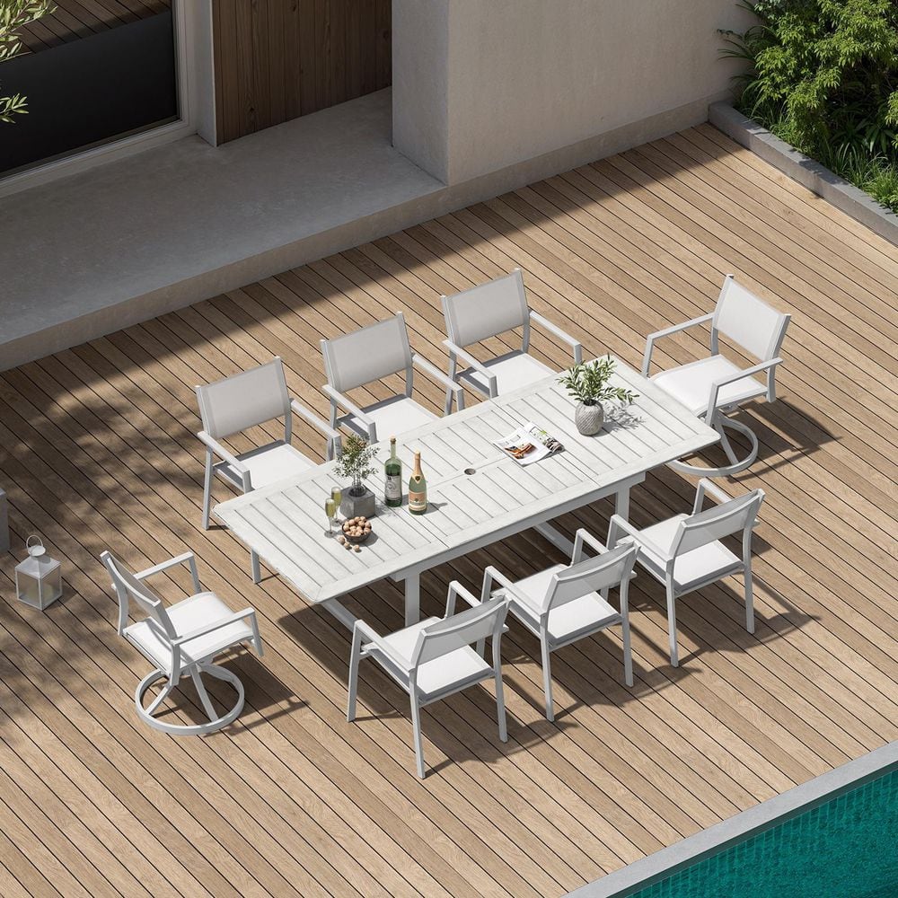 Warm Gray 9-Piece Aluminum Rectangular Extendable Table Dining Height Outdoor Dining Set