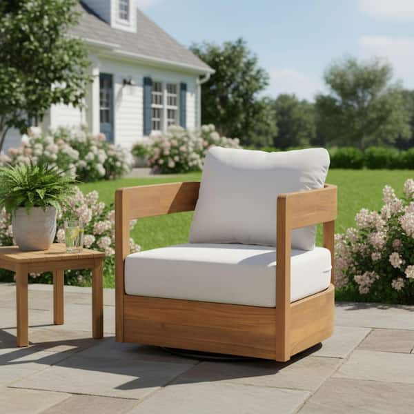 Teak Finish and Beige Solid Acacia Wood Outdoor Swivel Club Chair with Beige Cushion