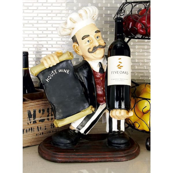 13 in. x 9 in. x 20 in. Black Polystone Chef Sculpture with Chalkboard and Wine Rack