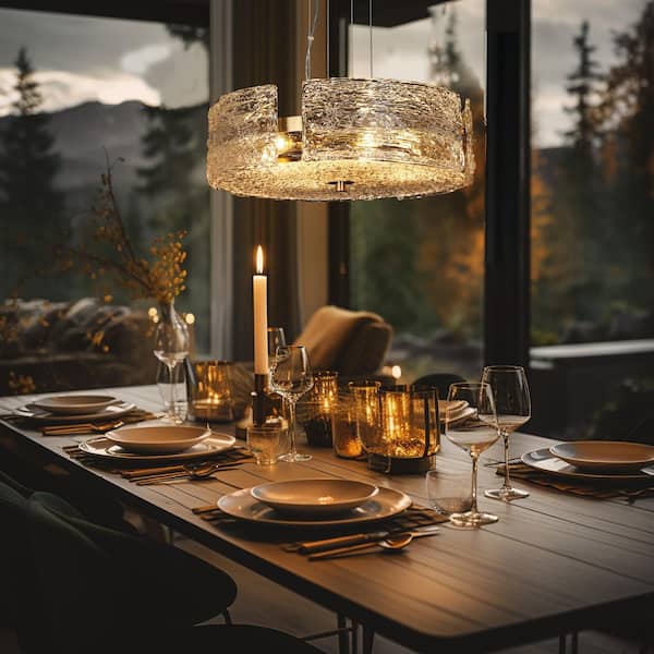 Uolfin Modern Dining Room Drum Chandelier 6-Light Plating Brass Chandelier with Textured Glass Plates