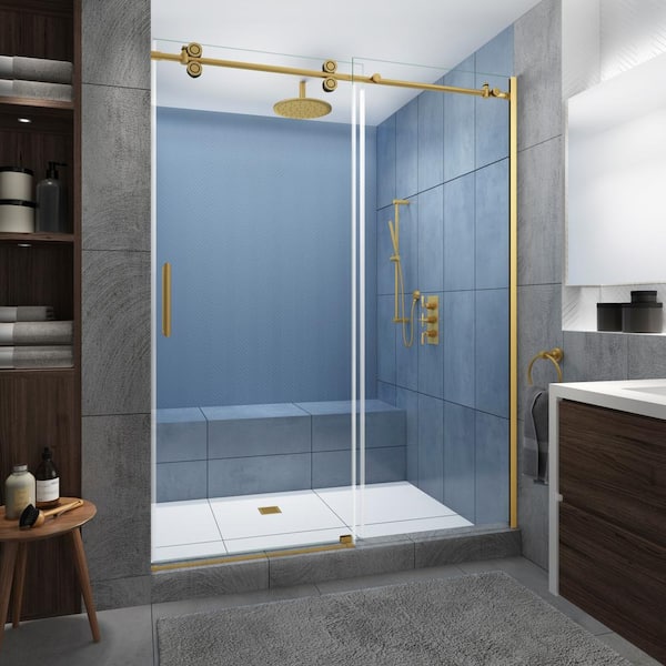 Aston Langham XL 44 - 48 in. x 80 in. Frameless Sliding Shower Door with StarCast Clear Glass in Brushed Gold, Left Hand