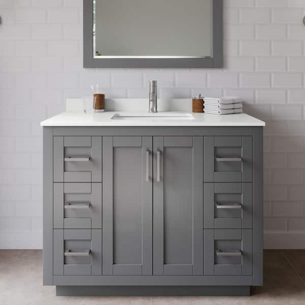 Wyndham Collection Miranda 42 in. W x 22 in. D x 33.75 in. H Single Bath Vanity in Dark Gray with White Quartz Top and 34 in. Mirror