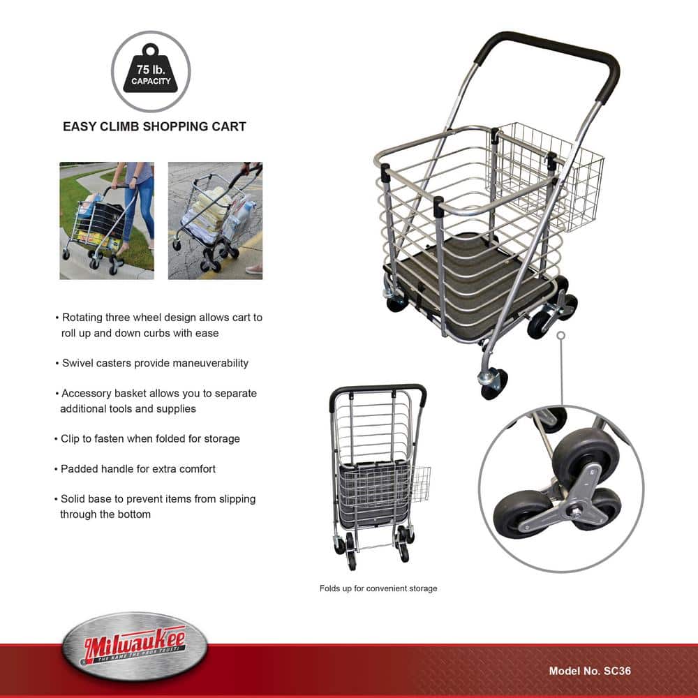 Silver 3-Wheel Steel Collapsible Shopping Cart with Accessory Basket