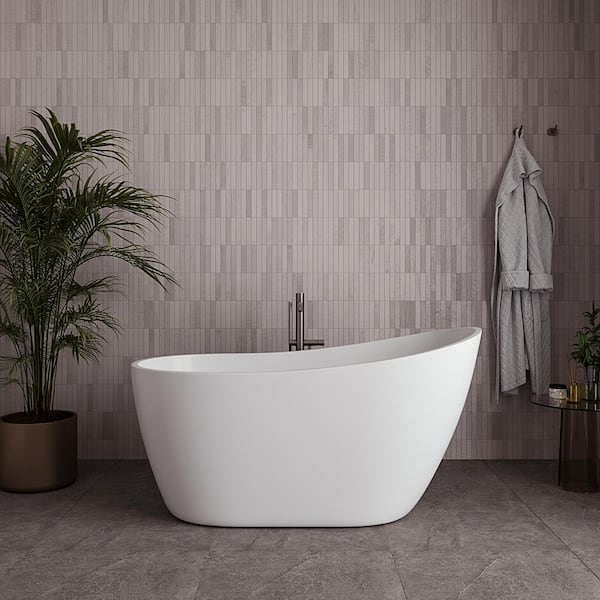 55 in. x 28 in. Acrylic Freestanding Soaking Bathtub in Glossy White with Brushed Nickel Drain