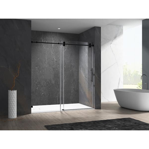 MCOCOD 60 in. W x 76 in. H Single Sliding Frameless Shower Door in Matte Black with Smooth Sliding and 3/8 in. (10 mm) Glass