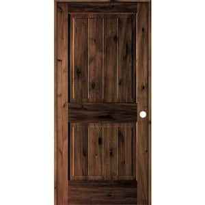 36 in. x 80 in. Knotty Alder 2 Panel Left-Hand Square Top V-Groove Red Mahogany Stain Wood Single Prehung Interior Door