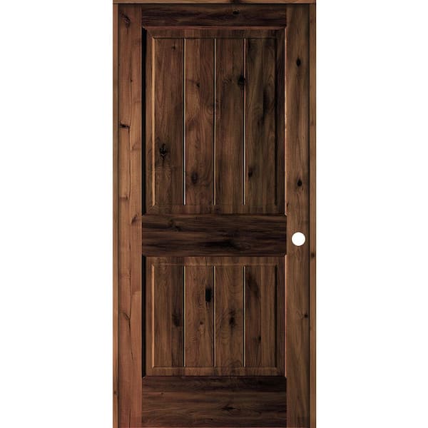 Krosswood Doors 36 in. x 80 in. Knotty Alder 2 Panel Left-Hand Square Top V-Groove Red Mahogany Stain Wood Single Prehung Interior Door