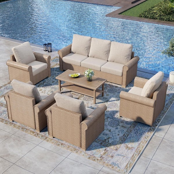 PHI VILLA 6-Piece Wicker Outdoor Patio Conversation Set with Beige Cushions