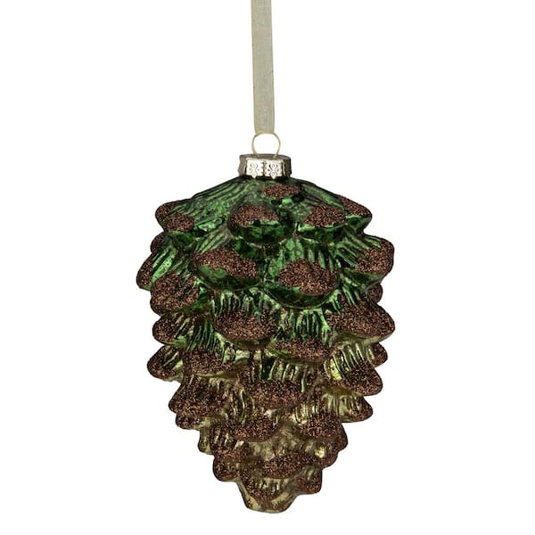 Christmas Ornament Pine cone Glass Green Red Gold Glitter Large 4"