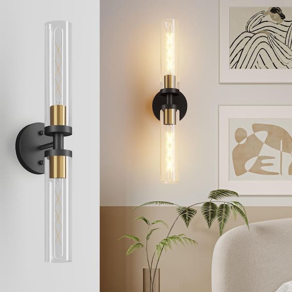 21.7 in. 2-light Black and Gold Wall Sconce with Clear Glass Shade Vanity Light for Bathroom Mirror (2-Pack)