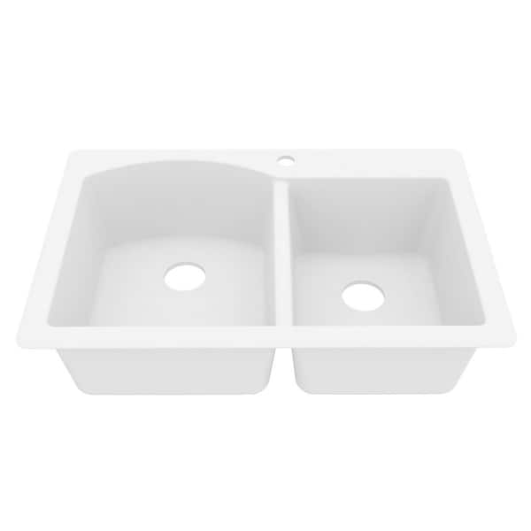Drop-In Quartz Composite 33 in. 1-Hole 60/40 Double Bowl Kitchen Sink in White