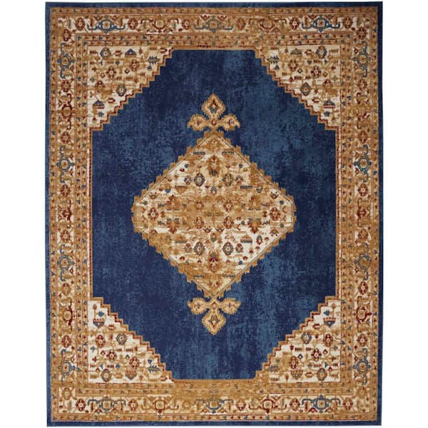 Nourison Grafix Navy Gold 5 ft. x 7 ft. Center medallion Traditional Area Rug