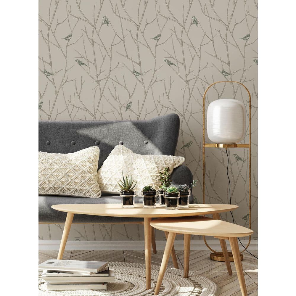 Branch Birds Green Peel and Stick Vinyl Wallpaper Roll