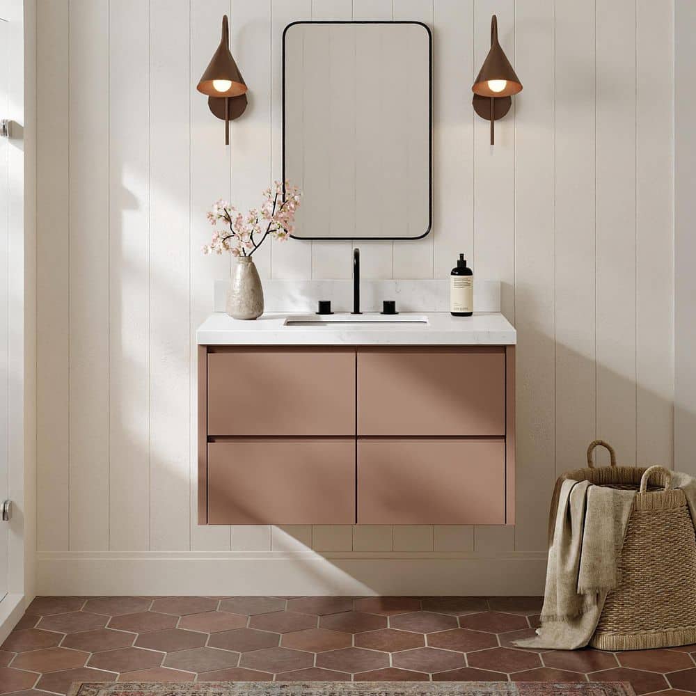 West 36 in. Single Sink Wall-Mounted Bath Vanity in Mocha with Carrara White Quartz Top price history on PriceWatchPro