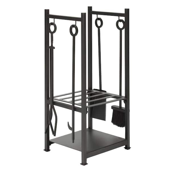 UniFlame Black Wrought Iron 4-Piece Fireplace Tool Set with Integrated Log Rack