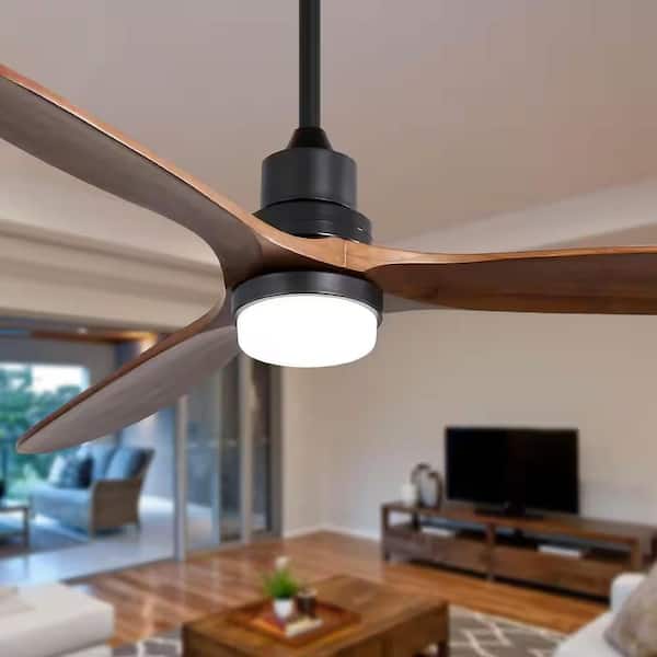 60 in. Indoor/Outdoor Standard Integrated LED Wood Black Ceiling Fan with Light and 6-Speed Remote, Downrod Mount