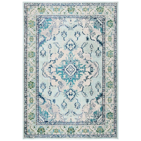 Monaco Light Blue/Ivory 10 ft. x 14 ft. Distressed Border Medallion Area Rug