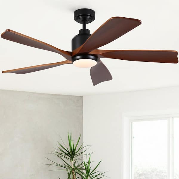 TeakAura 52 in. Indoor Matte Black Downrod Standard Soild Wood Ceiling Fan with Light and Remote Control Included