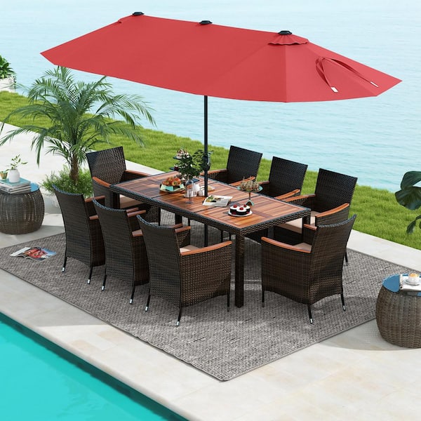9-Piece Wicker and Wood Outdoor Dining Set with Beige Cushions and 15 ft. Double-Sided Twin Red Umbrella
