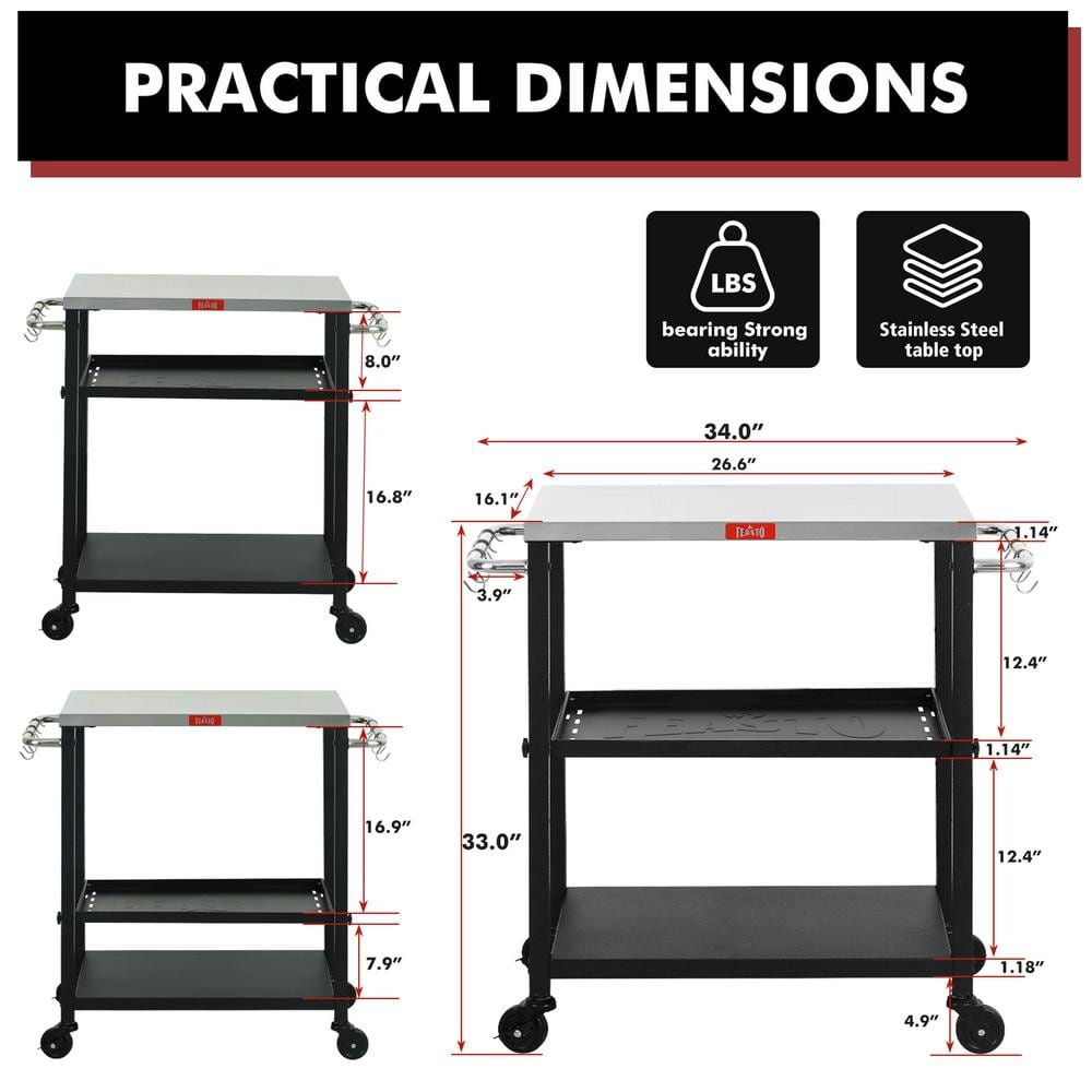 Adjustable 3-Tier Black and Stainless Steel Outdoor Grill Cart