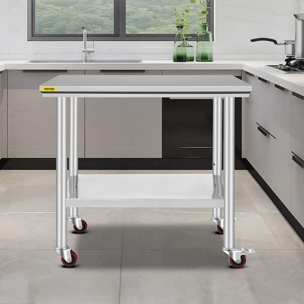 Stainless Steel Rolling Table 35.4 x 23.6 in. Kitchen Prep Table with 4 Wheels Kitchen Utility Table, Silver