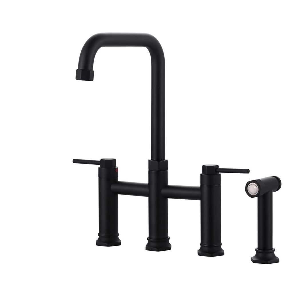 Elegant Brass Double Handle Bridge Kitchen Faucet with Side Sprayer, 59 in. Hose, and Supply Lines in Matte Black price history on PriceWatchPro