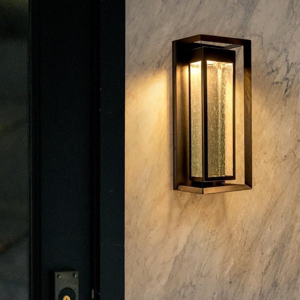 18 in. Black Dimmable Outdoor Integrated LED Wall Sconce with Seeded Glass, Hardwired