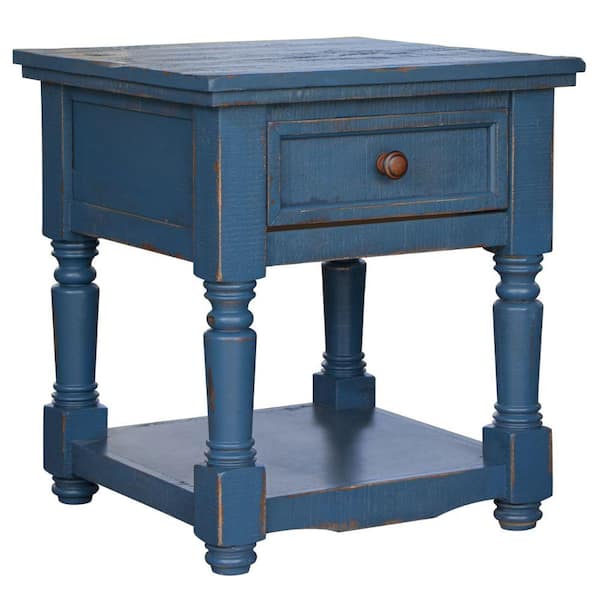 Benjara 23 in. Dark Blue Square Wood End Table with 1 Drawer and Open Shelf