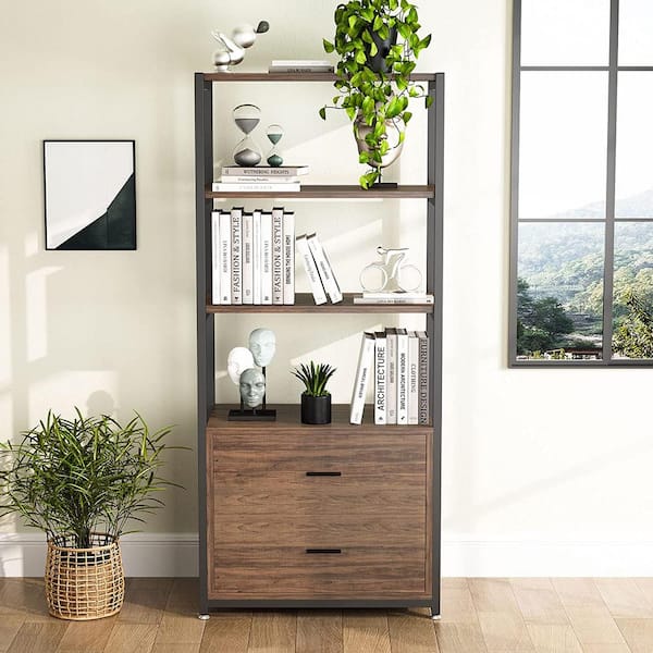 Bulgari 59 in. Rustic Brown Wood 4-Shelf Etagere Bookcase with 2-Drawers