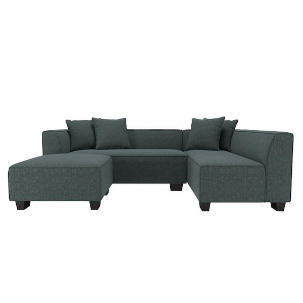 Handy Living Yara 3-Piece Medium Blue Herringbone Fabric 4-Seater L-Shaped Right-Facing Sectional Sofa with Ottoman