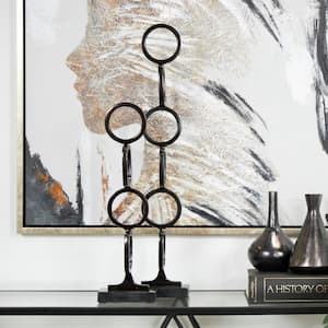 Black Aluminum Stacked Geometric Rings Abstract Sculpture with Marble Bases (Set of 2)