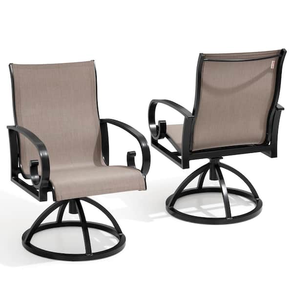 Black Finish Swivel Sunbrella Textilene Sling Steel Aluminum Frame Outdoor Dining Chair in Augustine Ashe Set of 2