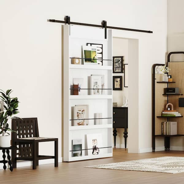 42 in. x 84 in. 4-Levels shelves Style, Primed MDF White Finished, Sliding Barn Door with Hardware Kit