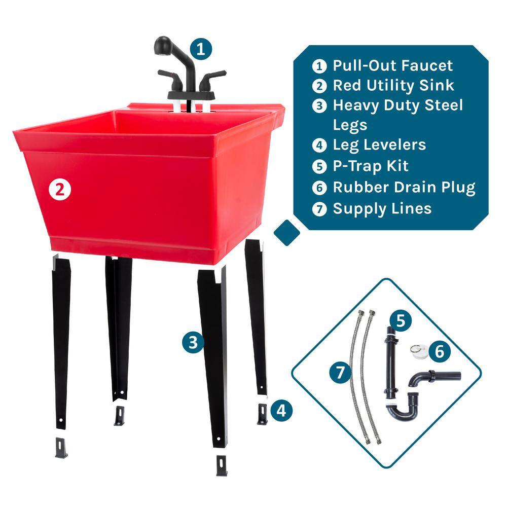 Red Thermoplastic Freestanding Utility Sink with Black Faucet