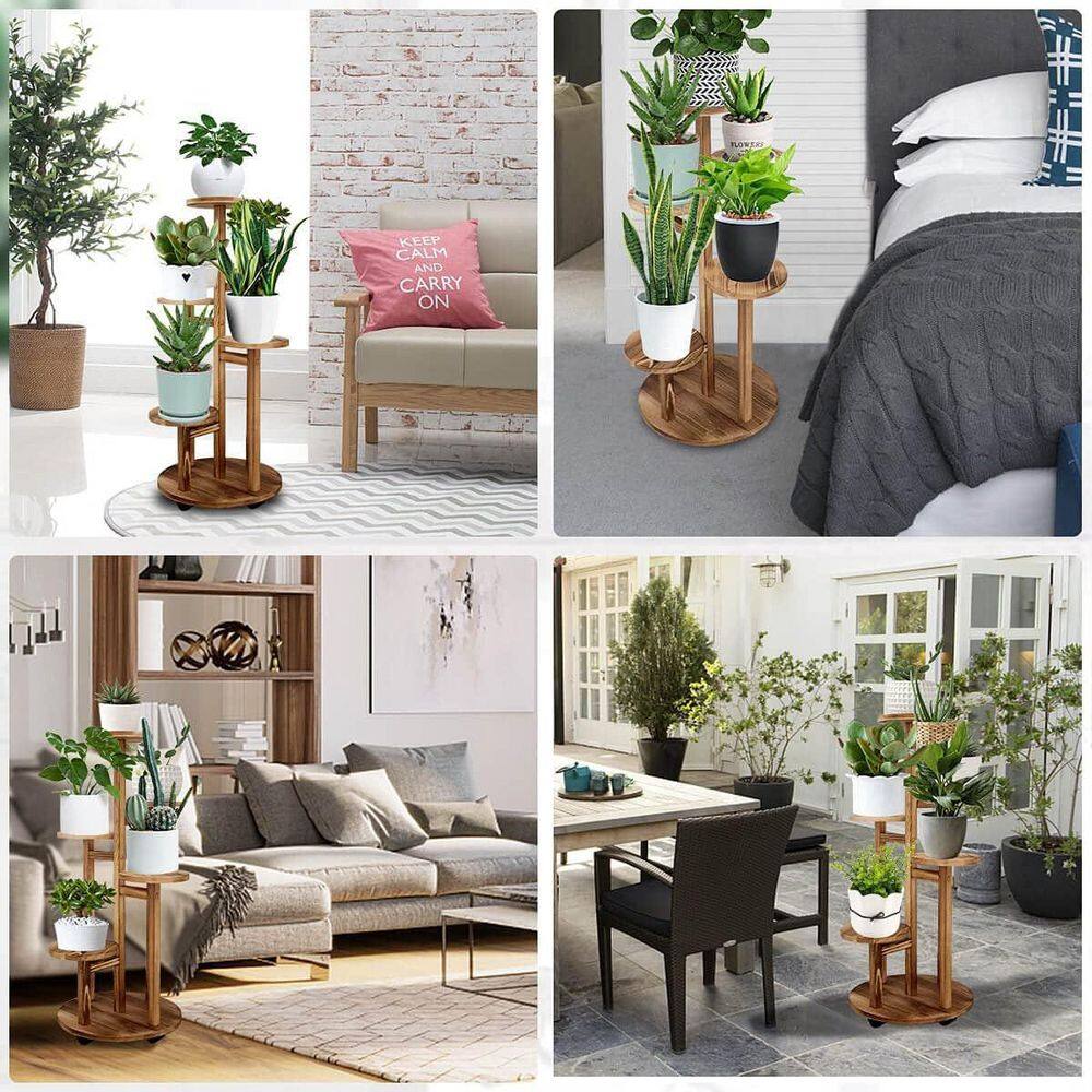 Walnut 5-Tier Pine Wood Indoor Plant Stand with Wheels