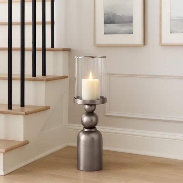 Liv & Skye 31.5 in. Silver Metal Decorative Floor Candle Holder with Removable Glass Hurricane