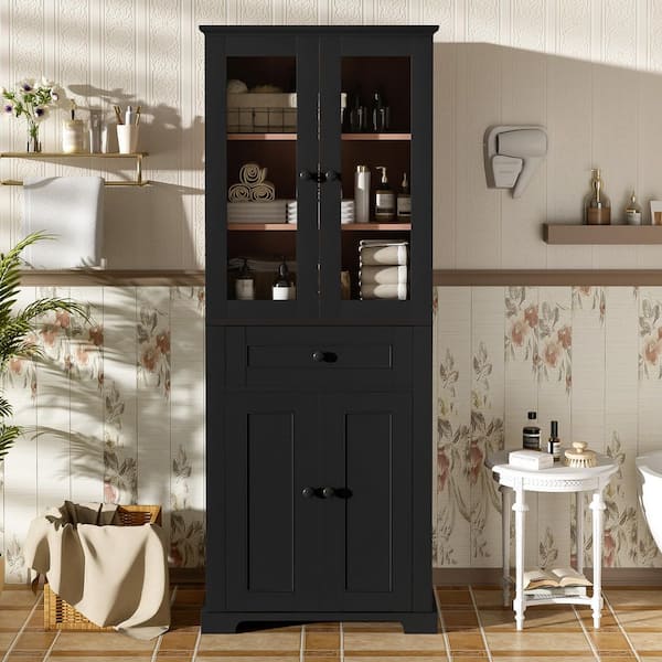 24 in. W x 16 in. D x 68 in. H Black Linen Cabinet with Tempered Glass Doors, Adjustable Shelves, Drawer