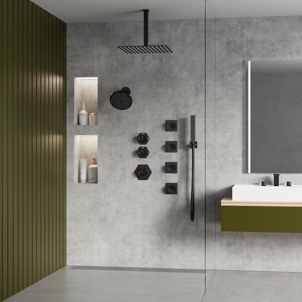 CRANACH Thermostatic 8-Spray 12 and 6 in. Dual Shower Head Ceiling Mount Fixed and Handheld Shower Head in Matte Black
