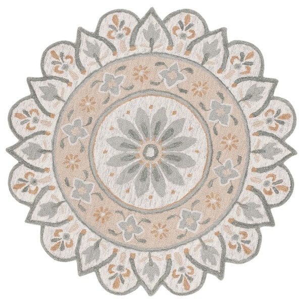 Novelty 4 ft. x 4 ft. Beige/Ivory Double Floral Round Area Rug