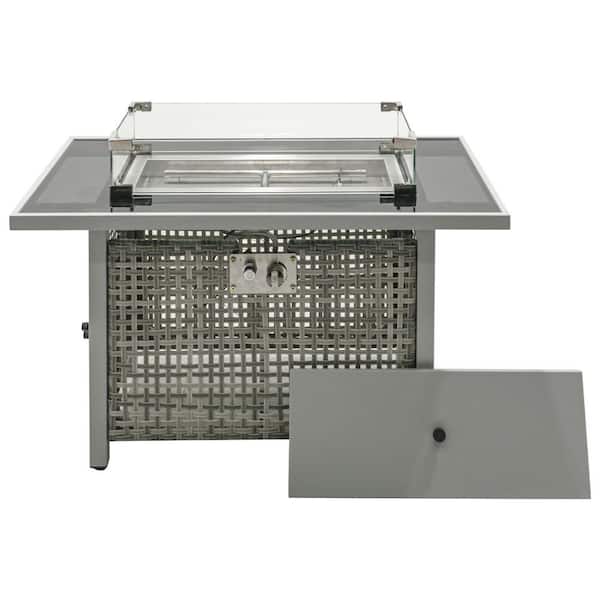 43 in. Gray Rectangular Wicker Fire Pit Table with Glass Wind Guard