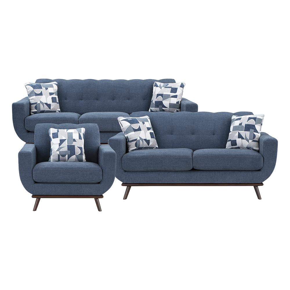 Salina 87 in. W. Straight Arm Chenille Rectangle 3-Piece Living Room Sofa Set in Blue