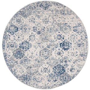 Madison White/Royal Blue 12 ft. x 12 ft. Border Floral Medallion Geometric Round Area Rug