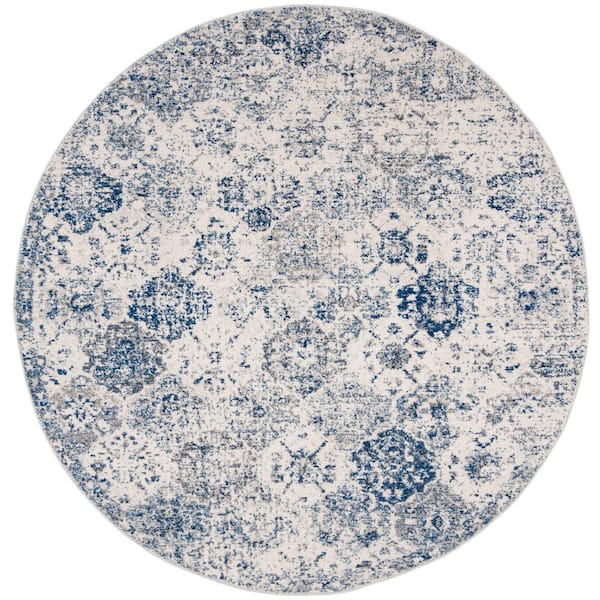 SAFAVIEH Madison White/Royal Blue 3 ft. x 3 ft. Border Floral Medallion Geometric Round Area Rug