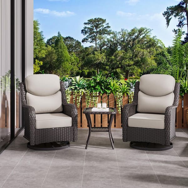 Smiley 3-Piece Brown Wicker Outdoor Rocking Chairs Swivel Chair Set with Thick Beige Cushions and Side Table