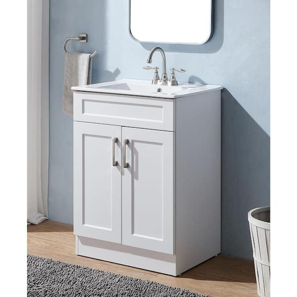 24 in. W x 18 in. D x 32 in. H Modern Freestanding Bathroom Vanity in White with White Ceramic Sink
