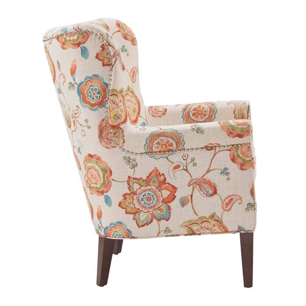 Floral Cream Wingback Accent Chair with Wood Legs