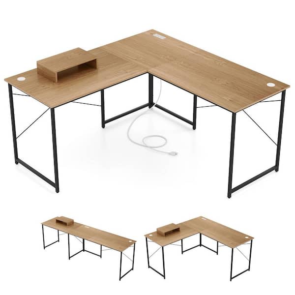 95 in. L-Shaped Reversible Computer Desk 2-Person Long Table Monitor Stand Natural