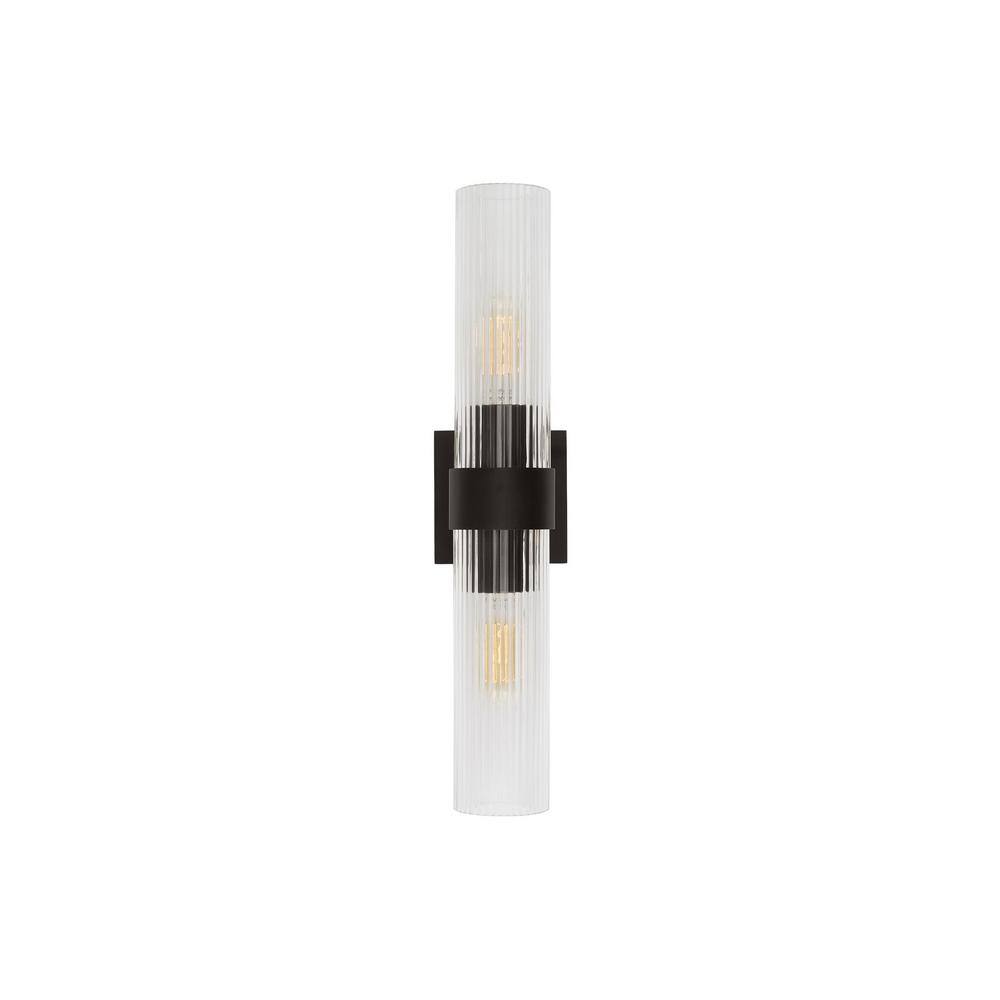 Aged Iron 2-Light Dimmable Cylinder Bath Sconce with Clear Fluted Glass
